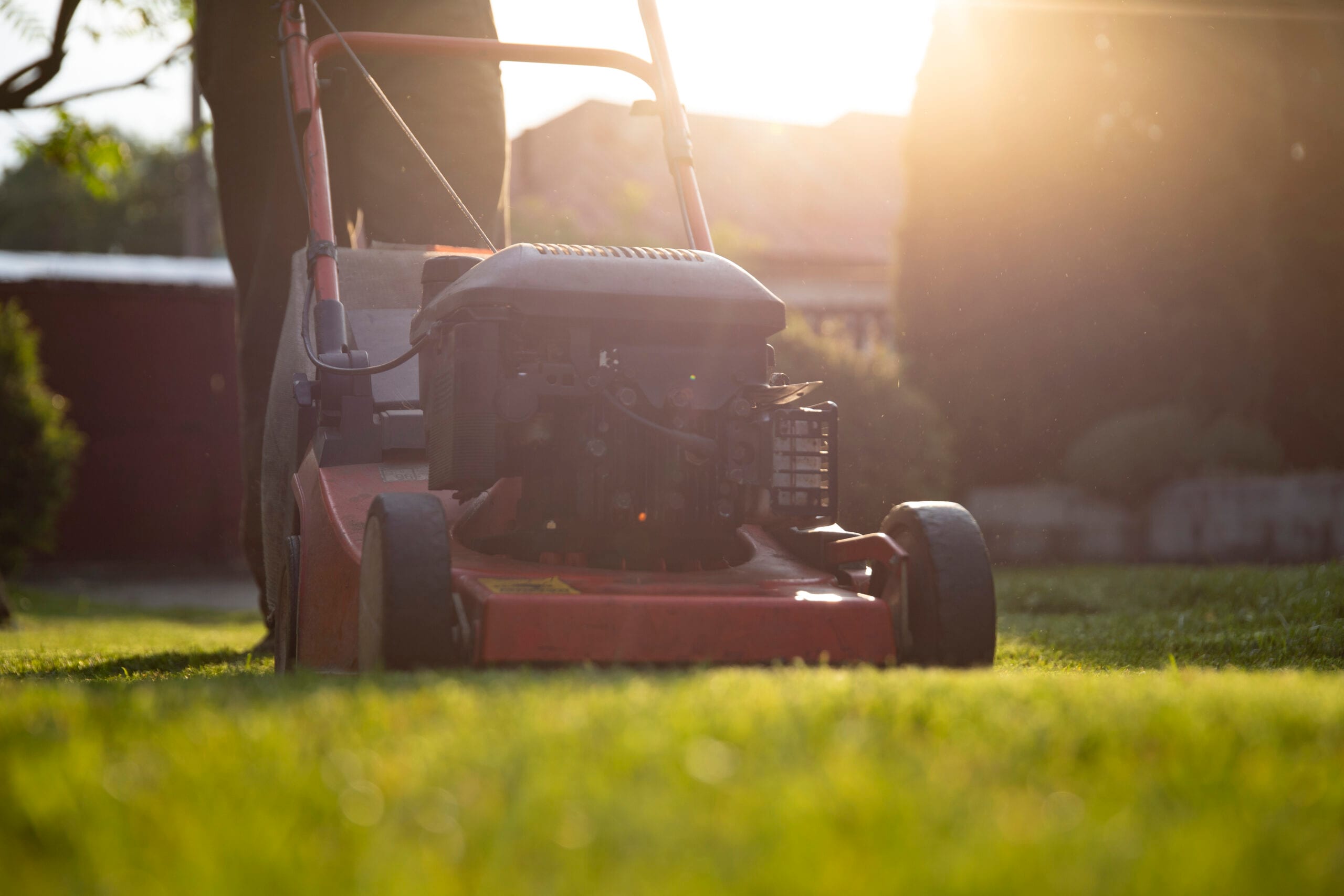 Rasenmäher im Garten bei Sonnenuntergang